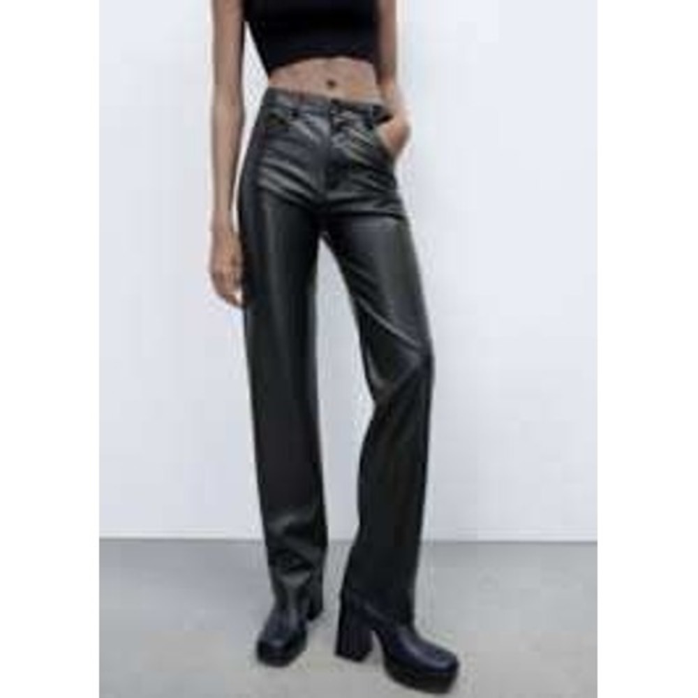 Zara Womens Black Faux Leather High Waisted Straight Leg Women Pants Size 8